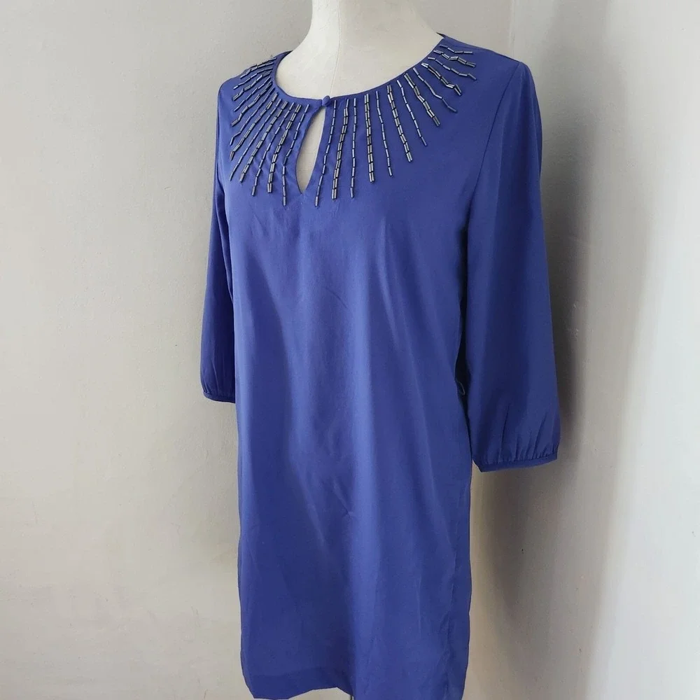 Banana Republic Purple Blue 3/4 Sleeve Beaded‎ Dress Women's Size 6
